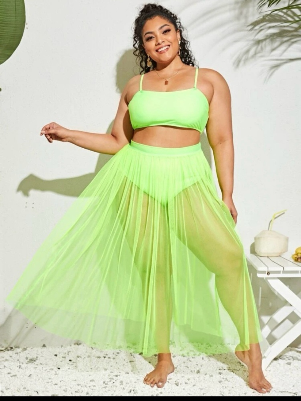 3pack Plus Neon Lime Bikini Swimsuit & Mesh Cover Up